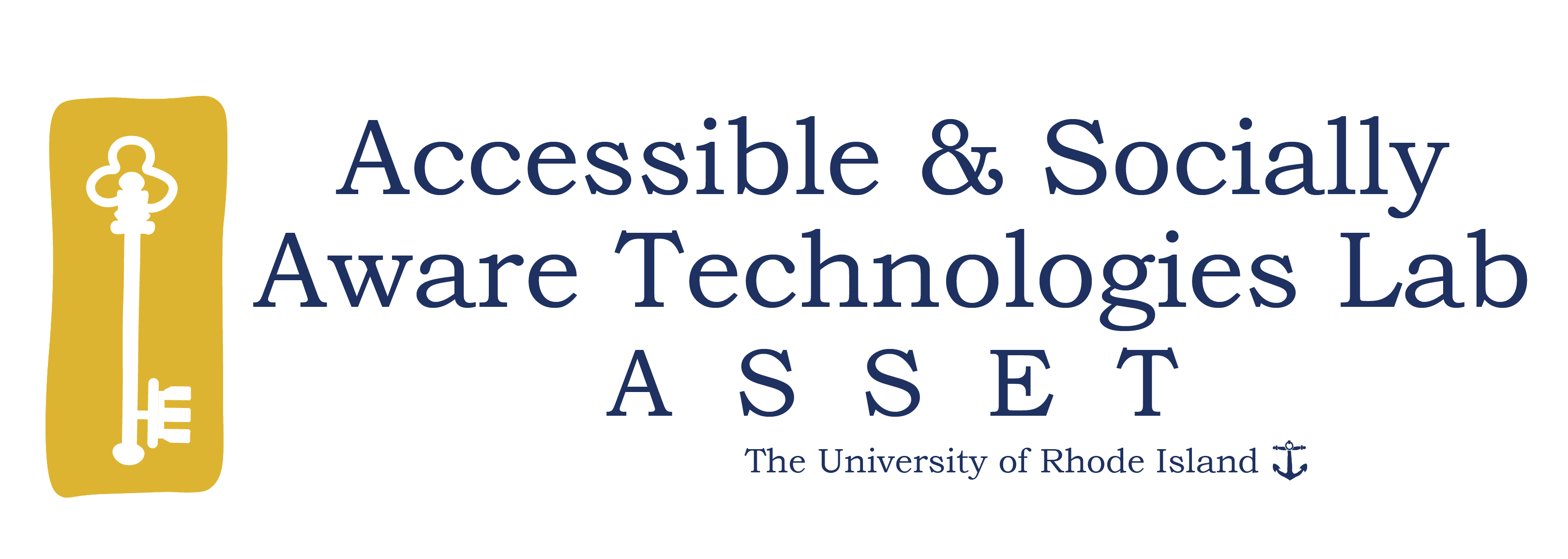 Logo of the Accessible Security and Safety Technologies, ASSET group at the University of Rhode Island. The logo is a vertical image of a key on a mustard colored background with the names of the ASSET group written to its side.